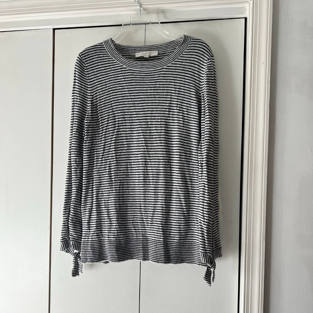 EUC - Loft Black & White Striped Sweater w/Tie Cuffs - Wool - M